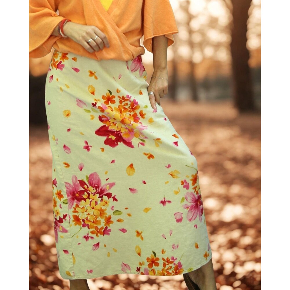 Vintage linen floral skirt maxi 8 M with slit 90s spring romantic